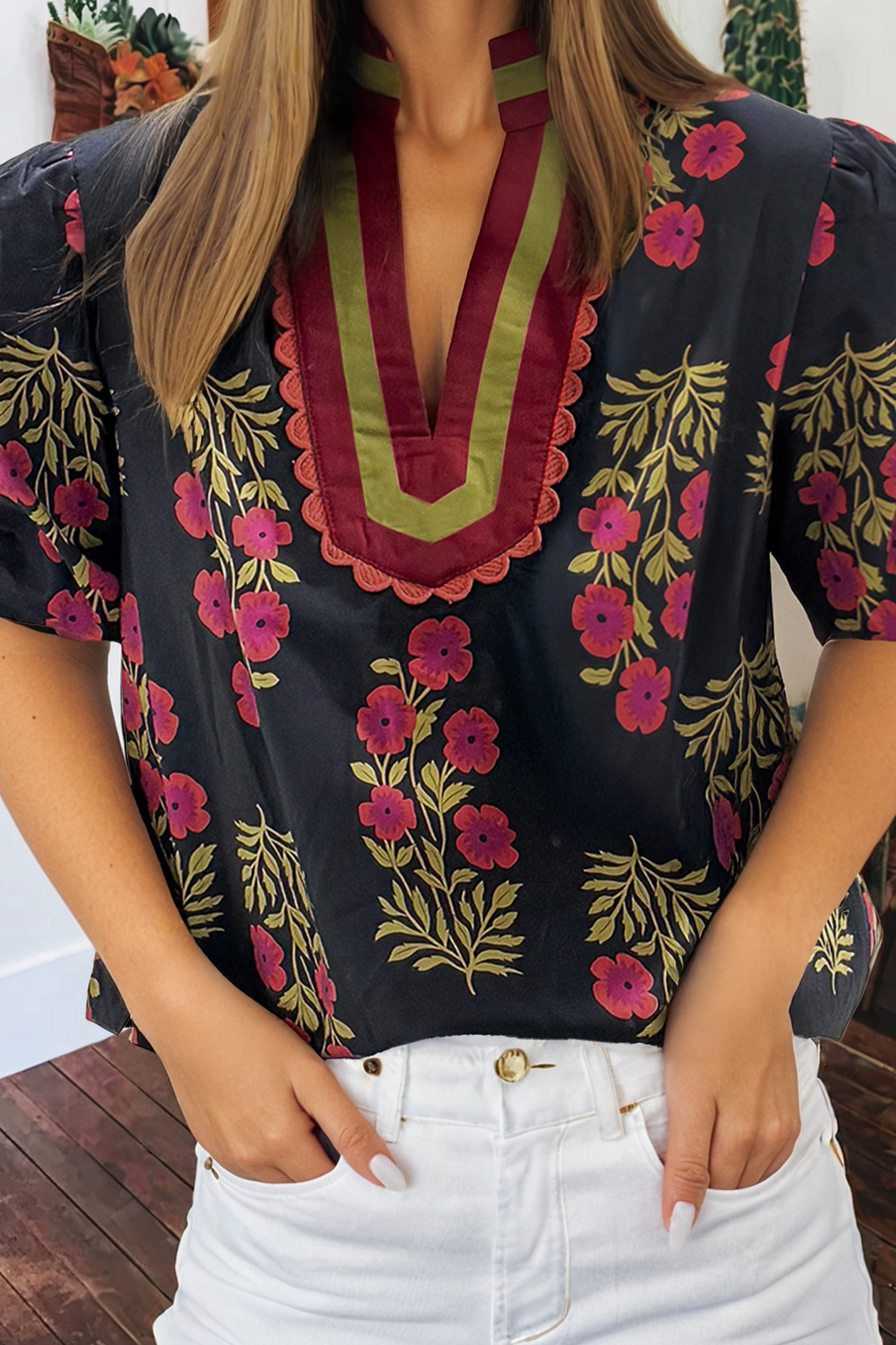 Floral Bubble Sleeve Contrast Slit Neckline Blouse