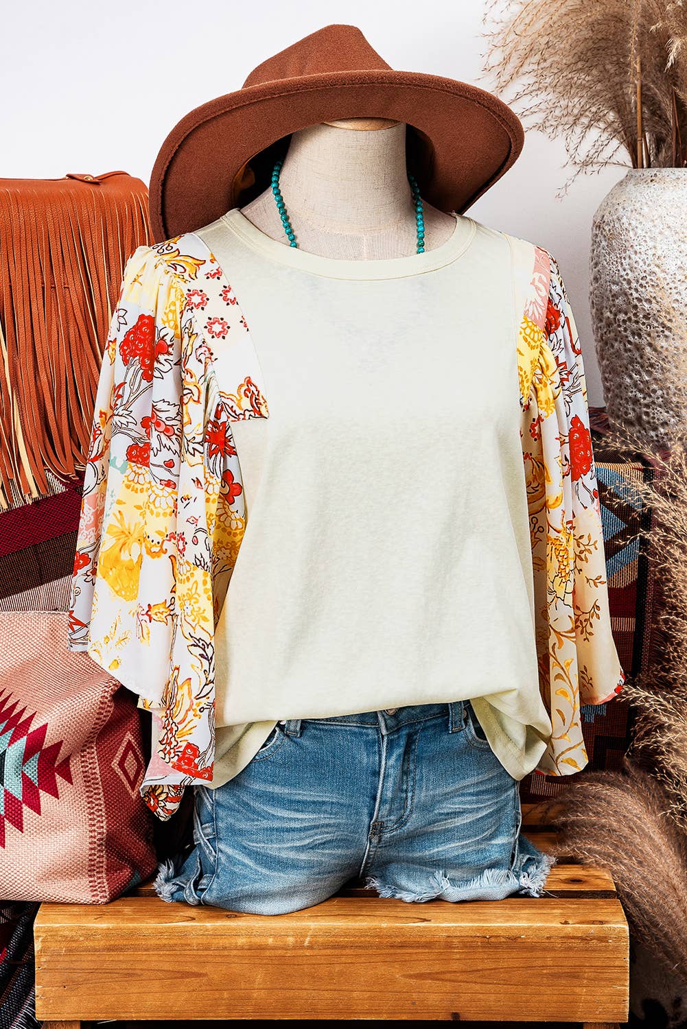Floral Patchwork Half Batwing Sleeve Blouse
