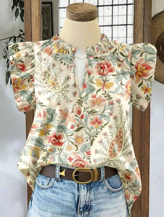 Retro Floral Flutter Sleeve Blouse
