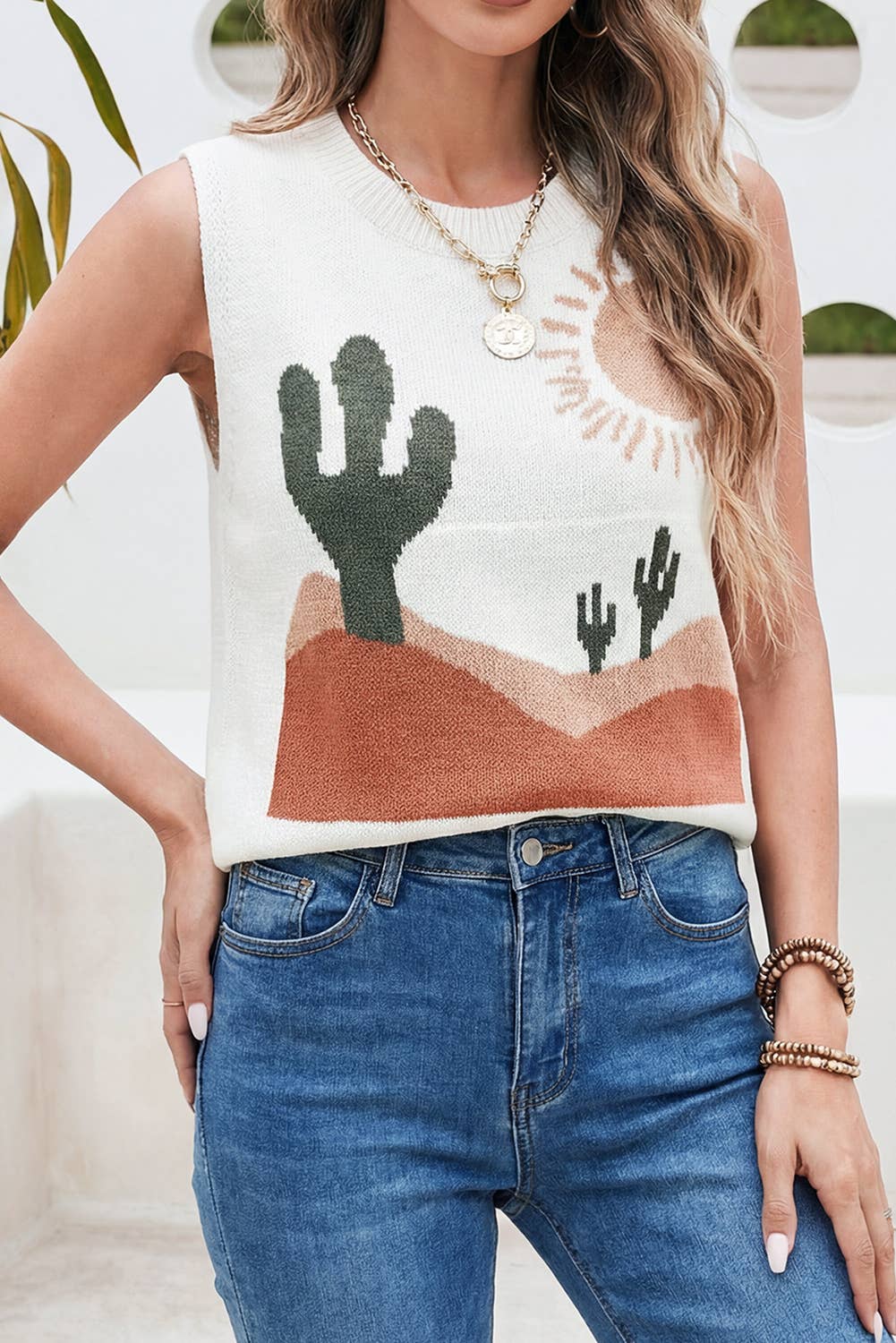 Cactus Print Round Neck Sleeveless Top