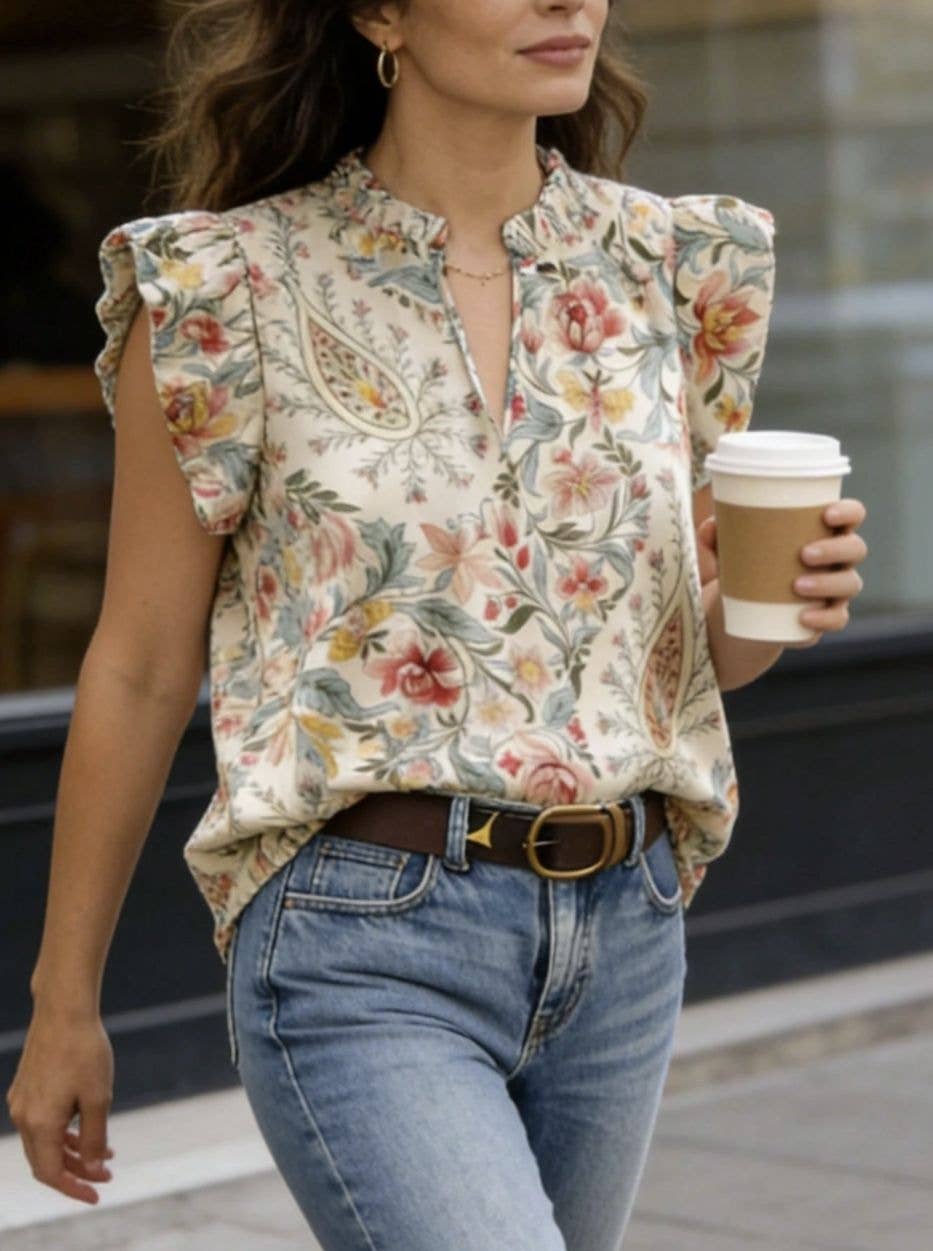 Retro Floral Flutter Sleeve Blouse