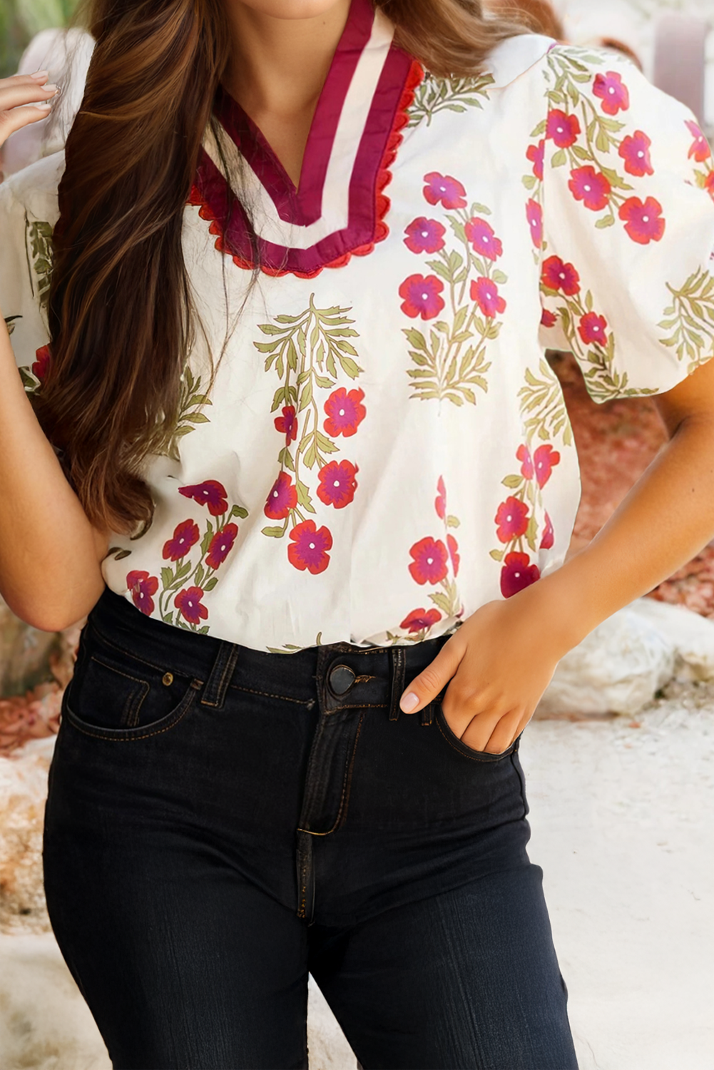 Floral Bubble Sleeve Contrast Slit Neckline Blouse