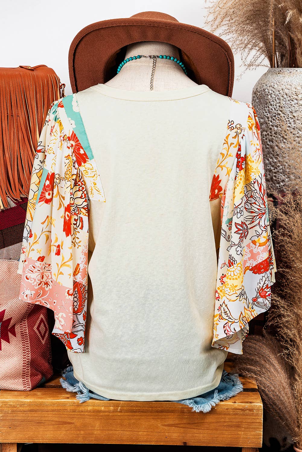 Floral Patchwork Half Batwing Sleeve Blouse
