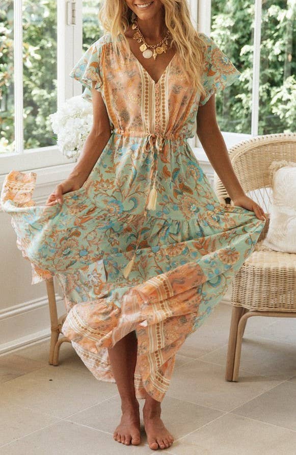 Bohemia Border Print Flutter Sleeve Maxi Dress