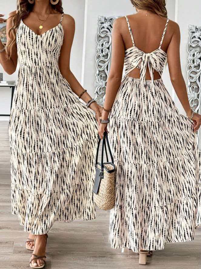 Boho Tie Back Tiered Maxi Dress- Black and White