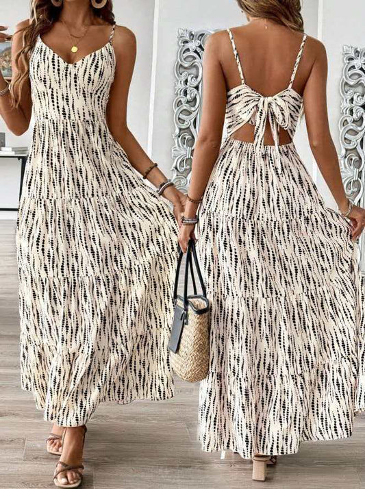 Boho Tie Back Tiered Maxi Dress- Black and White