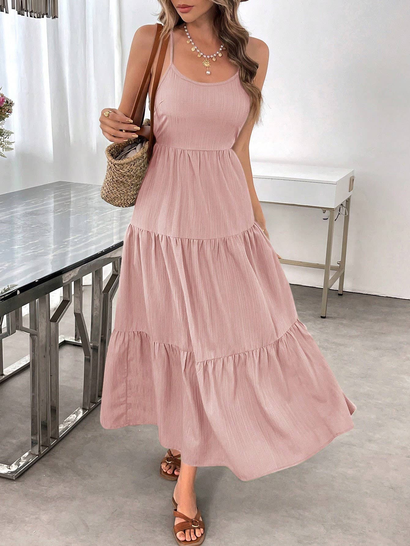 Boho Beach Backless Bow Ruched Spaghetti Strap Dress