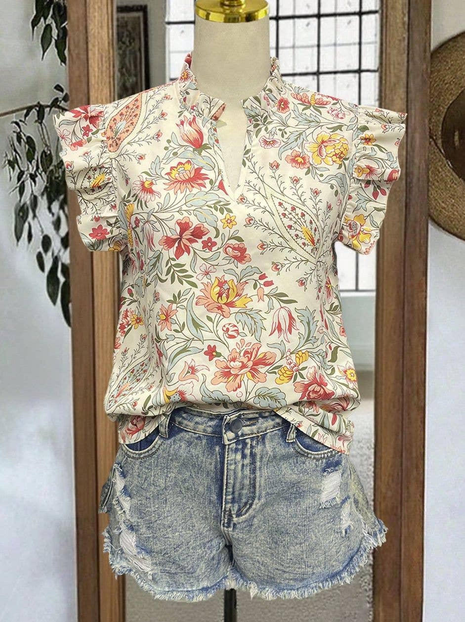Retro Floral Flutter Sleeve Blouse