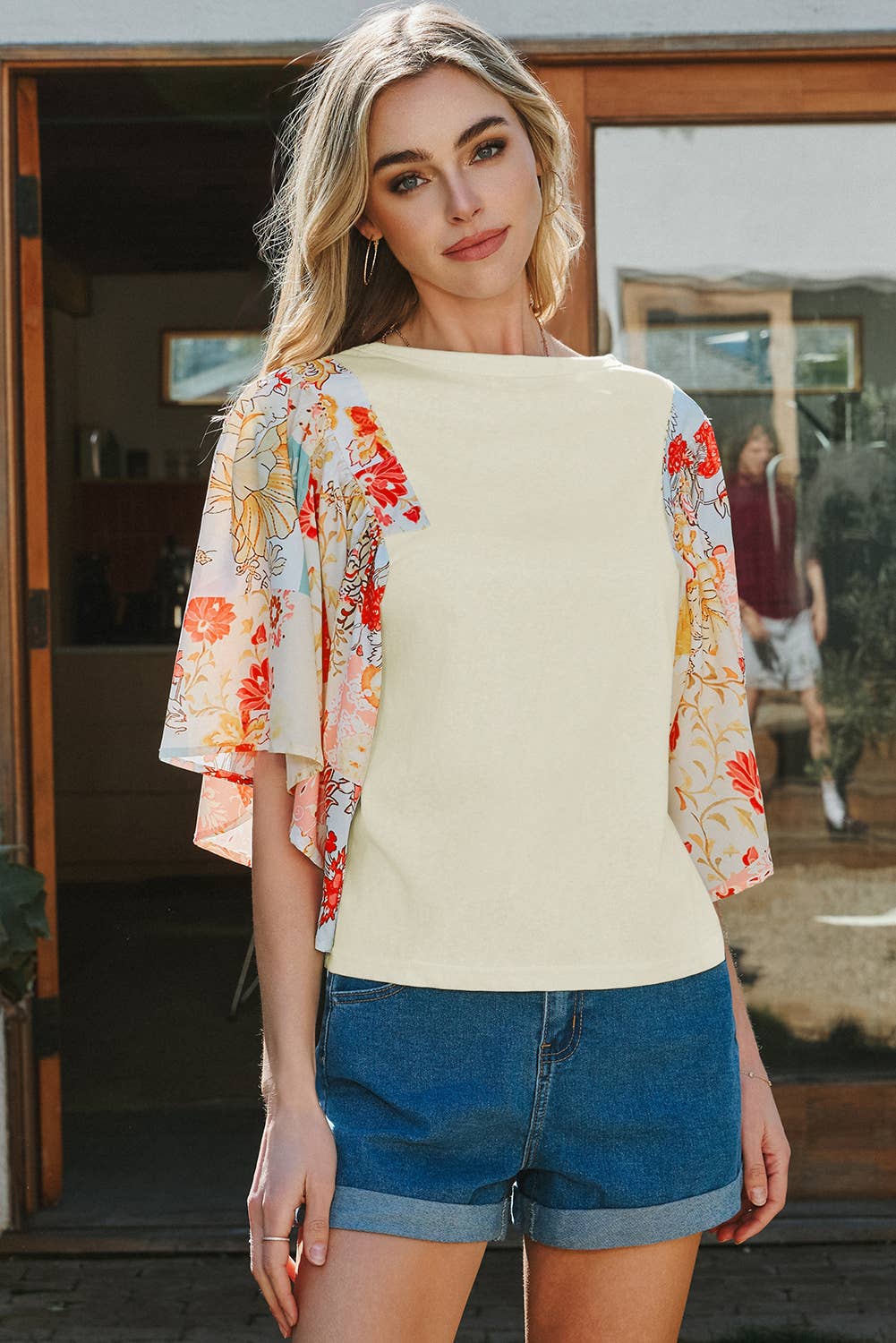 Floral Patchwork Half Batwing Sleeve Blouse