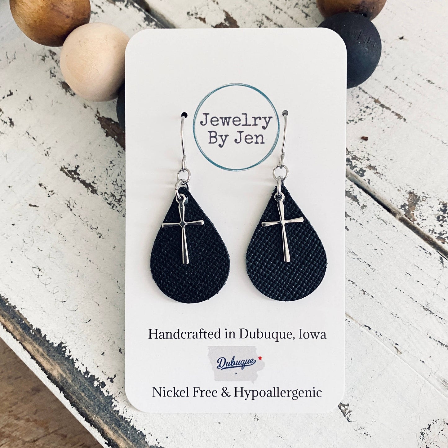 Teardrop Earring w/Cross Charm (Brown or Black)
