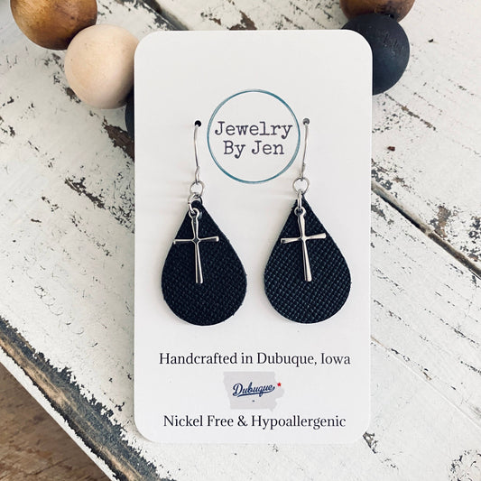 Teardrop Earring w/Cross Charm (Brown or Black)