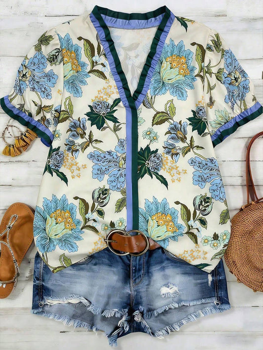 Vintage Floral Ruffle Trim V-Neck Top