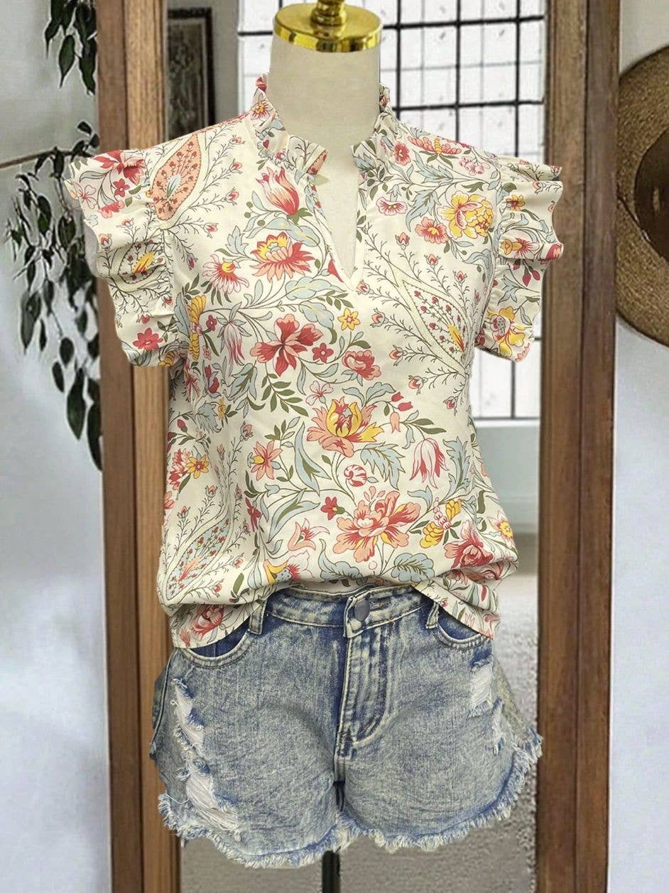 Retro Floral Flutter Sleeve Blouse