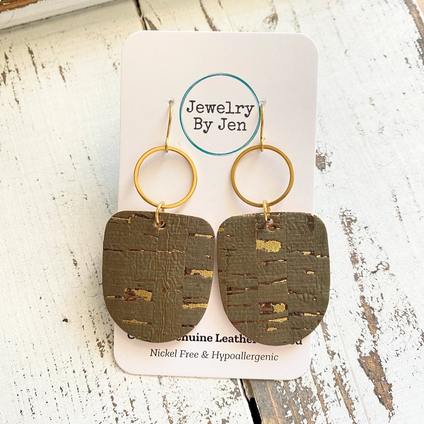 Boho Dangle Earrings: Olive Cork w/Gold Accents