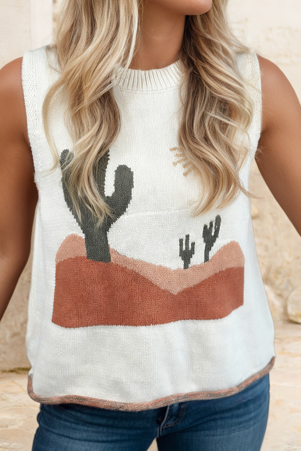 Cactus Print Round Neck Sleeveless Top