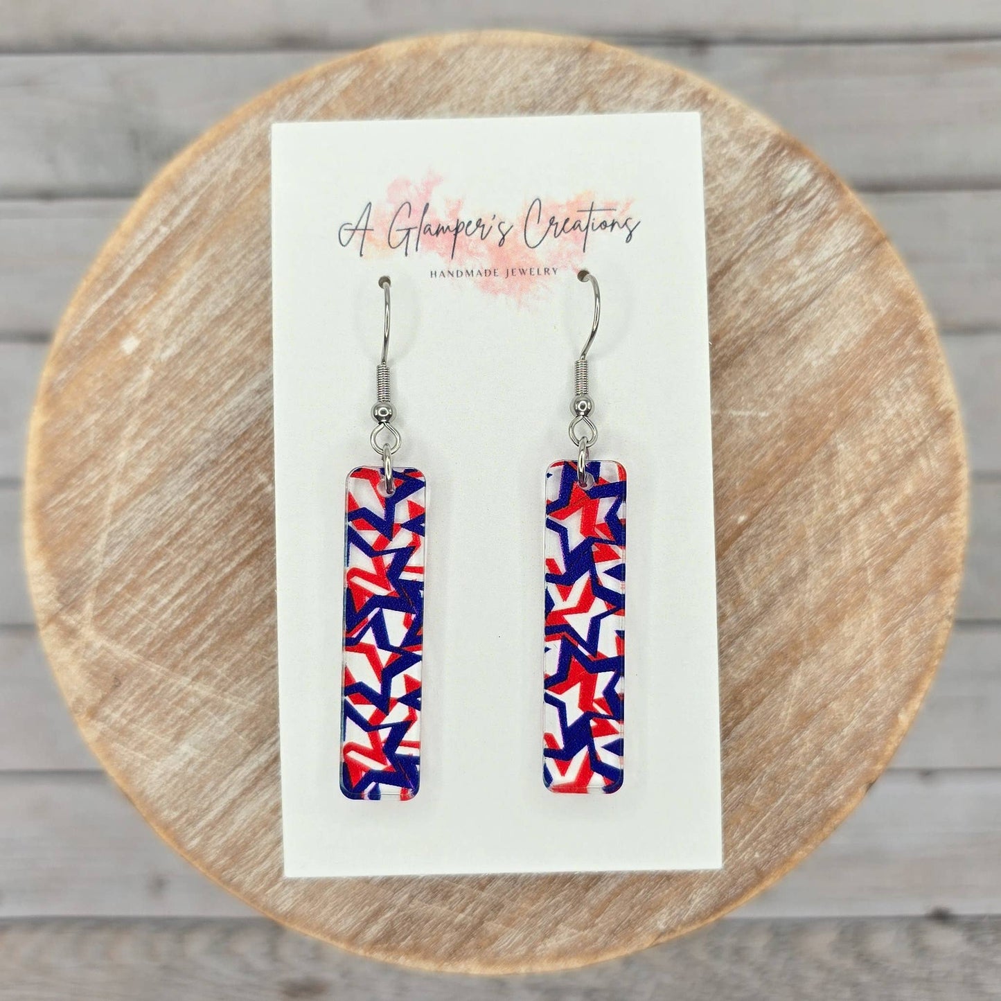 Red & Blue Stars Skinny Acrylic Bar Earrings - 4th of July